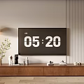 Modern Walnut Wood TV Stand With Flat Screen TV And Decorative Items In Living Room