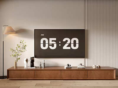 Modern Walnut Wood TV Stand With Flat Screen TV And Decorative Items In Living Room 3d model