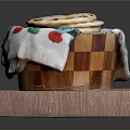 Traditional Handmade Flatbread Served In Wooden Basket With Embroidered Cloth