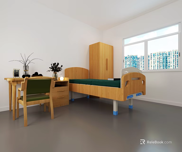 Simple Bedroom Interior With Wooden Bed Desk Chair Cabinet Plants Large Window And City View 3d model 
