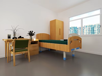 Simple Bedroom Interior With Wooden Bed Desk Chair Cabinet Plants Large Window And City View 3d model