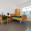 Simple Bedroom Interior With Wooden Bed Desk Chair Cabinet Plants Large Window And City View