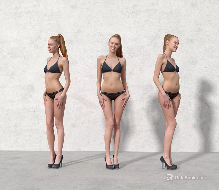 Woman in Black Bikini and High Heels Standing Against Grey Background in Different Angles 3d model 