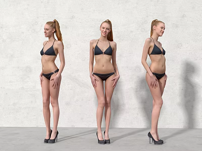 Woman in Black Bikini and High Heels Standing Against Grey Background in Different Angles 3d model