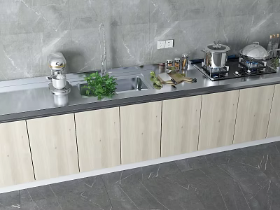 Light Wood Kitchen Cabinets With Stainless Steel Countertop Sink And Green Herbs 3d model