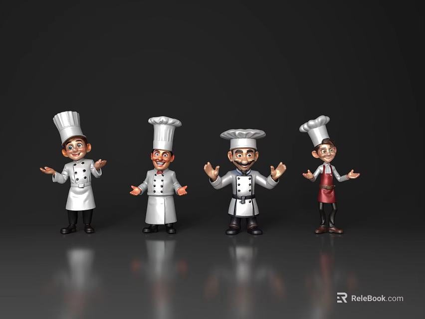 Cartoon Male Chefs Wearing Chef Hats Different White Uniform Styles Aprons Open Hands Lively Expressions 3d model 