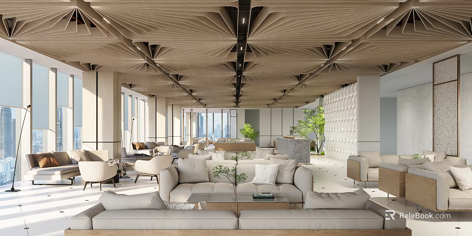 Modern Hotel Lobby Interior Design With Open Space Wooden Ceiling Green Plants And Large Windows 3d model 
