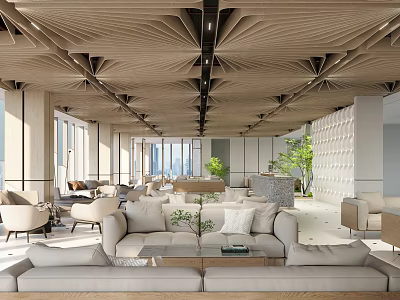 Modern Hotel Lobby Interior Design With Open Space Wooden Ceiling Green Plants And Large Windows 3d model