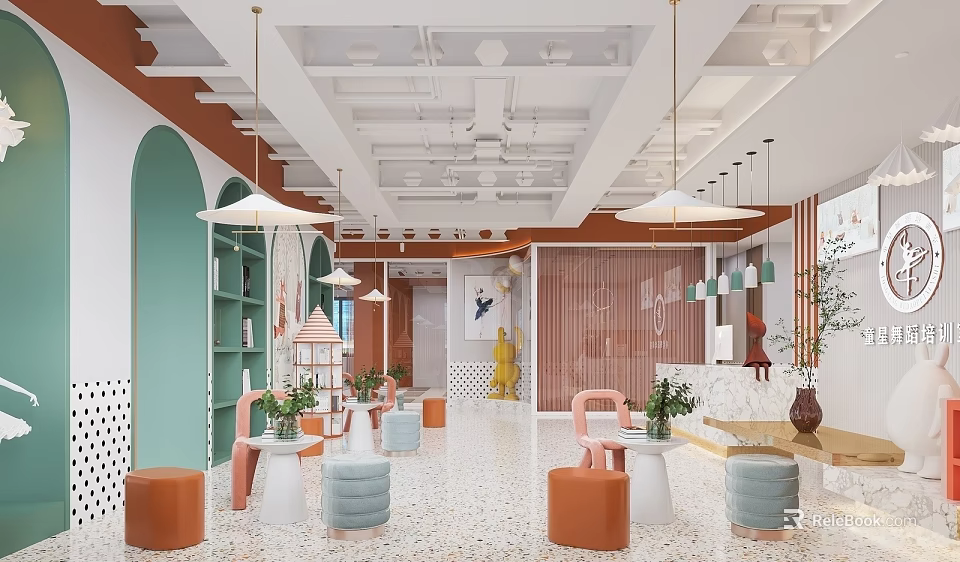 Colorful Contemporary Public Space Interior With Arched Walls Stools And Plants 3d model 