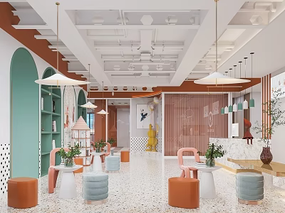Colorful Contemporary Public Space Interior With Arched Walls Stools And Plants 3d model