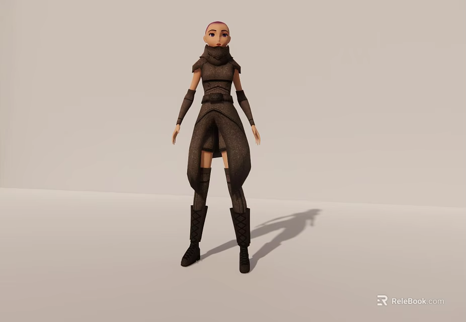 3D Female Game Character With Fitted Dark High Collar Outfit Long Sleeves And Knee Boots 3d model 