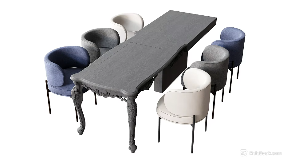 Modern Gray Dining Table Set With Carved Legs And Blue Gray White Chairs 3d model 