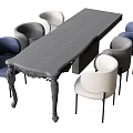 Modern Gray Dining Table Set With Carved Legs And Blue Gray White Chairs