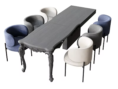 Modern Gray Dining Table Set With Carved Legs And Blue Gray White Chairs 3d model