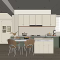Elegant Modern Kitchen Interior With White And Green Cabinets Marble Island Countertop And Chairs