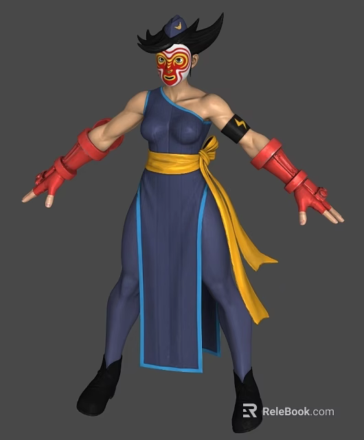 3D Model Character Wearing Blue Dress with Yellow Belt Red Gloves and Black Armband 3d model 