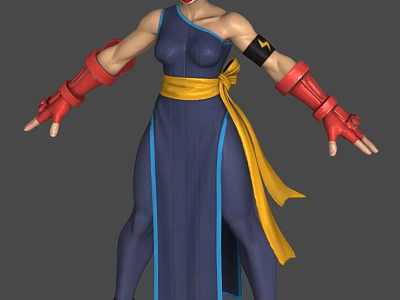 3D Model Character Wearing Blue Dress with Yellow Belt Red Gloves and Black Armband 3d model
