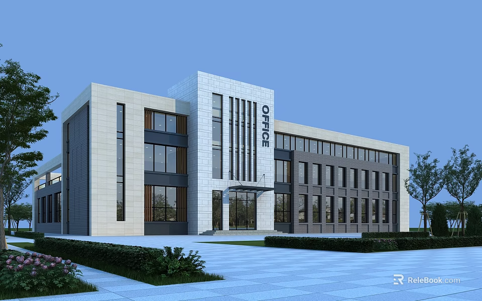 Modern Office Building Exterior Featuring Large Windows Clean Design Plaza And Blue Sky 3d model 