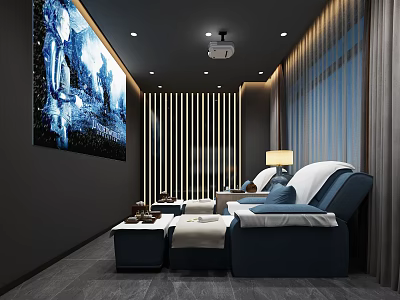 Modern SPA Sauna Room With Comfortable Massage Beds Decorative Painting And Vertical Striped Partitions 3d model