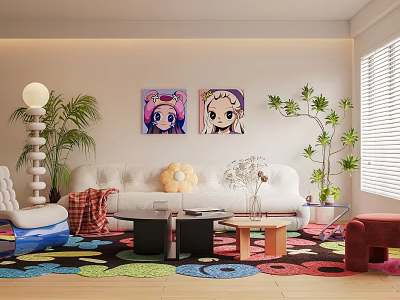 Bright Living Room Interior With White Sofa Cartoon Paintings Plants And Colorful Flower Carpet 3d model