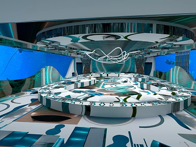 Futuristic Space Station Interior Design With Circular Control Center And Blue Backdrop 3d model