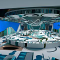 Futuristic Space Station Interior Design With Circular Control Center And Blue Backdrop