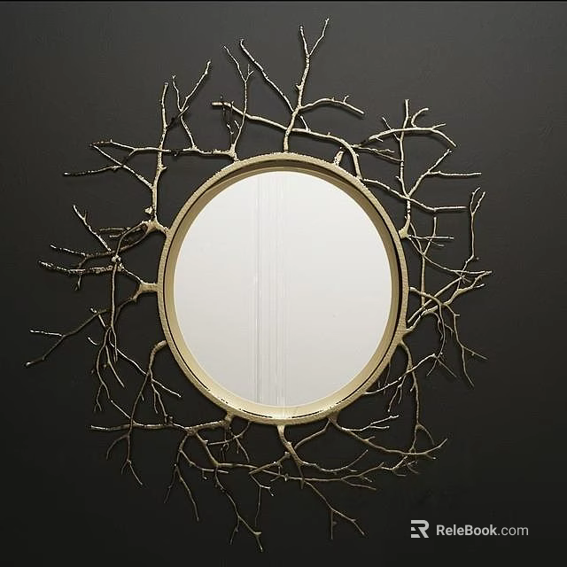 Circular Decorative Mirror With Gold Branch Like Frame On Black Background 3d model 