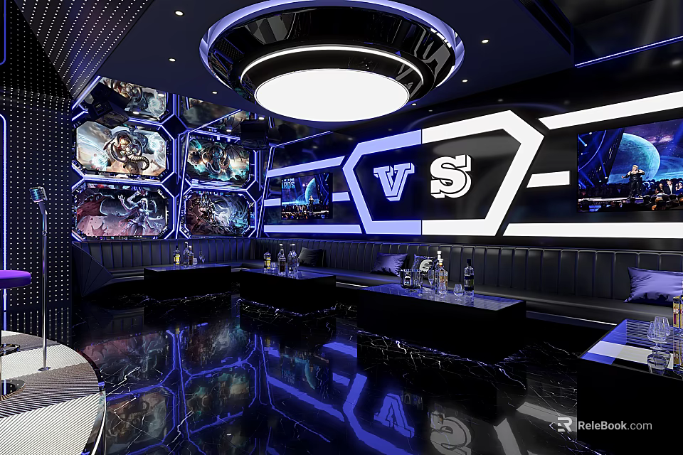 Elegant Modern KTV Interior Design With Multiple Screens Ceiling Lights And Comfortable Booths 3d model 