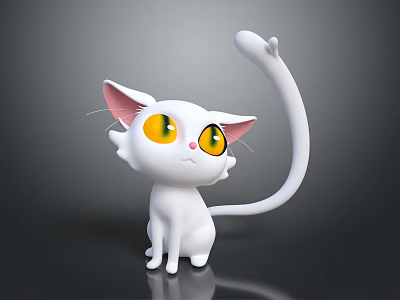 Cartoon White Cat Character With Yellow Big Eyes Pink Ears And Long Tail 3d model