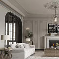 Elegant Living Room Interior With White Sofa Armchairs Chandelier Fireplace And Decorative Walls