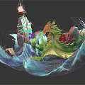 Dynamic Cartoon Scene With Dragon Riding Ship Through Blue Waves And Flaming Torch
