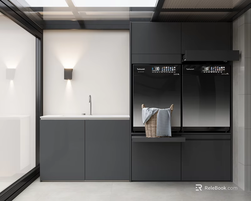 Modern Minimalist Home Balcony Design With Gray Cabinets Sink Faucet And Black Appliances 3d model 