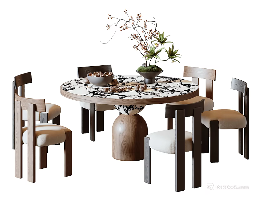 Modern Dining Table Set with Round Patterned Tabletop Wooden Upholstered Chairs and Floral Centerpiece 3d model 