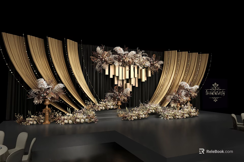 Wedding Stage Design With Golden Draped Curtains Decorative Flowers And Hanging Chandeliers 3d model 