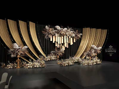 Wedding Stage Design With Golden Draped Curtains Decorative Flowers And Hanging Chandeliers 3d model