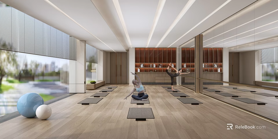 Modern Yoga Studio With Natural Light And Mirrors For Workout 3d model 