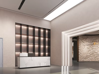 Elegant Lobby Interior With White Marble Reception Desk Wooden Panel Wall And Archway 3d model