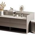 Modern Dressing Table With Glass Top Drawers And Decorative Items With Padded Stool