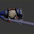Futuristic Sci Fi Warrior In Blue White Red Outfit With Helmet And Large Tactical Rifle