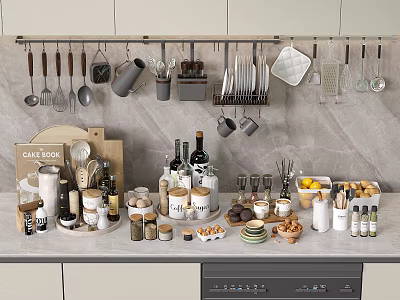 Modern Kitchen Countertop With Organized Spice Jars Various Condiments And Kitchen Utensils 3d model