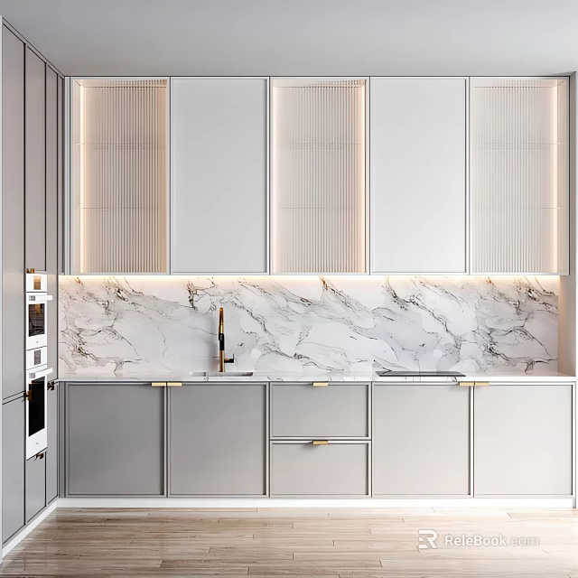 Modern Kitchen With Light Gray Cabinets Marble Backsplash And LED Strip Lighting 3d model