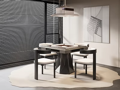 Modern Hotel Mahjong Room With Square Table Four Chairs Blinds Pendant Light And Abstract Painting 3d model