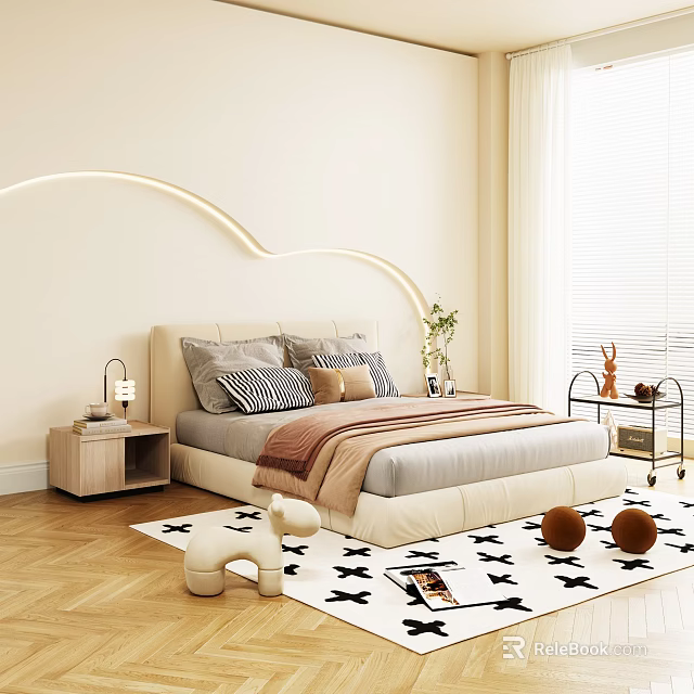 Modern Bedroom Interior With Arched Headboard Design Pillows Throw Blanket Wooden Floor And Patterned Rug 3d model 