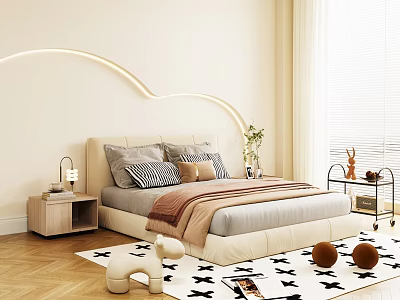 Modern Bedroom Interior With Arched Headboard Design Pillows Throw Blanket Wooden Floor And Patterned Rug 3d model