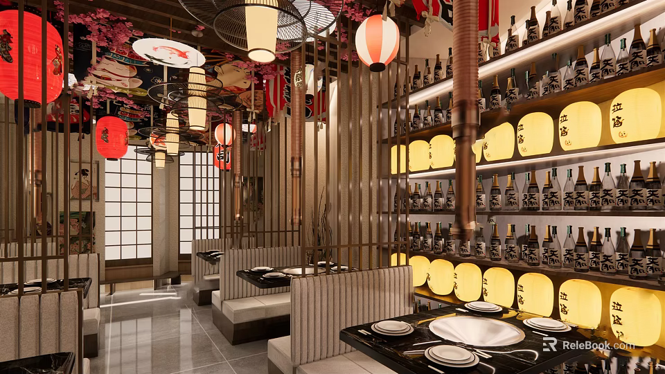 Japanese Restaurant Interior With Traditional Lanterns Wooden Screens And Shelves With Bottles Near Seating Areas 3d model 