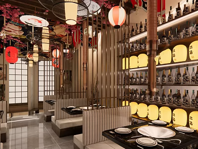 Japanese Restaurant Interior With Traditional Lanterns Wooden Screens And Shelves With Bottles Near Seating Areas 3d model