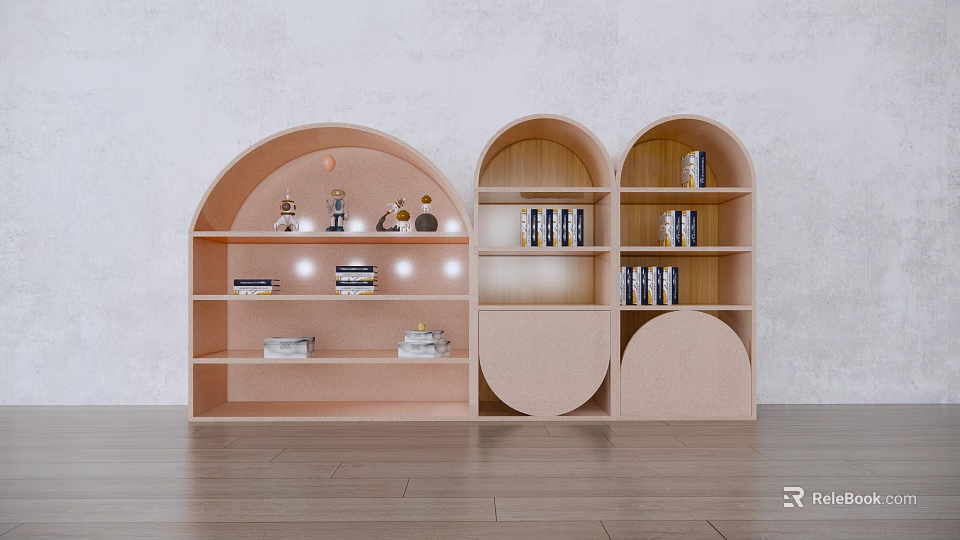 Light Pink Arched Bookcase With Multiple Shelves Books Decorative Items And Lighting 3d model