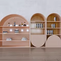 Light Pink Arched Bookcase With Multiple Shelves Books Decorative Items And Lighting 3d model
