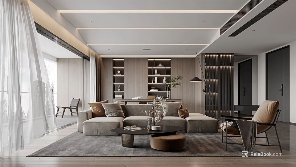 Modern Living and Dining Room Interior With Sofa Coffee Table Bookshelves Floor to Ceiling Windows 3d model 