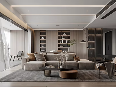 Modern Living and Dining Room Interior With Sofa Coffee Table Bookshelves Floor to Ceiling Windows 3d model